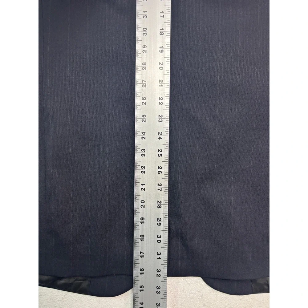 vtg 90s Stafford 42L 36x30 Midnight Blue Striped 3pc Pant Suit Wool Pleated